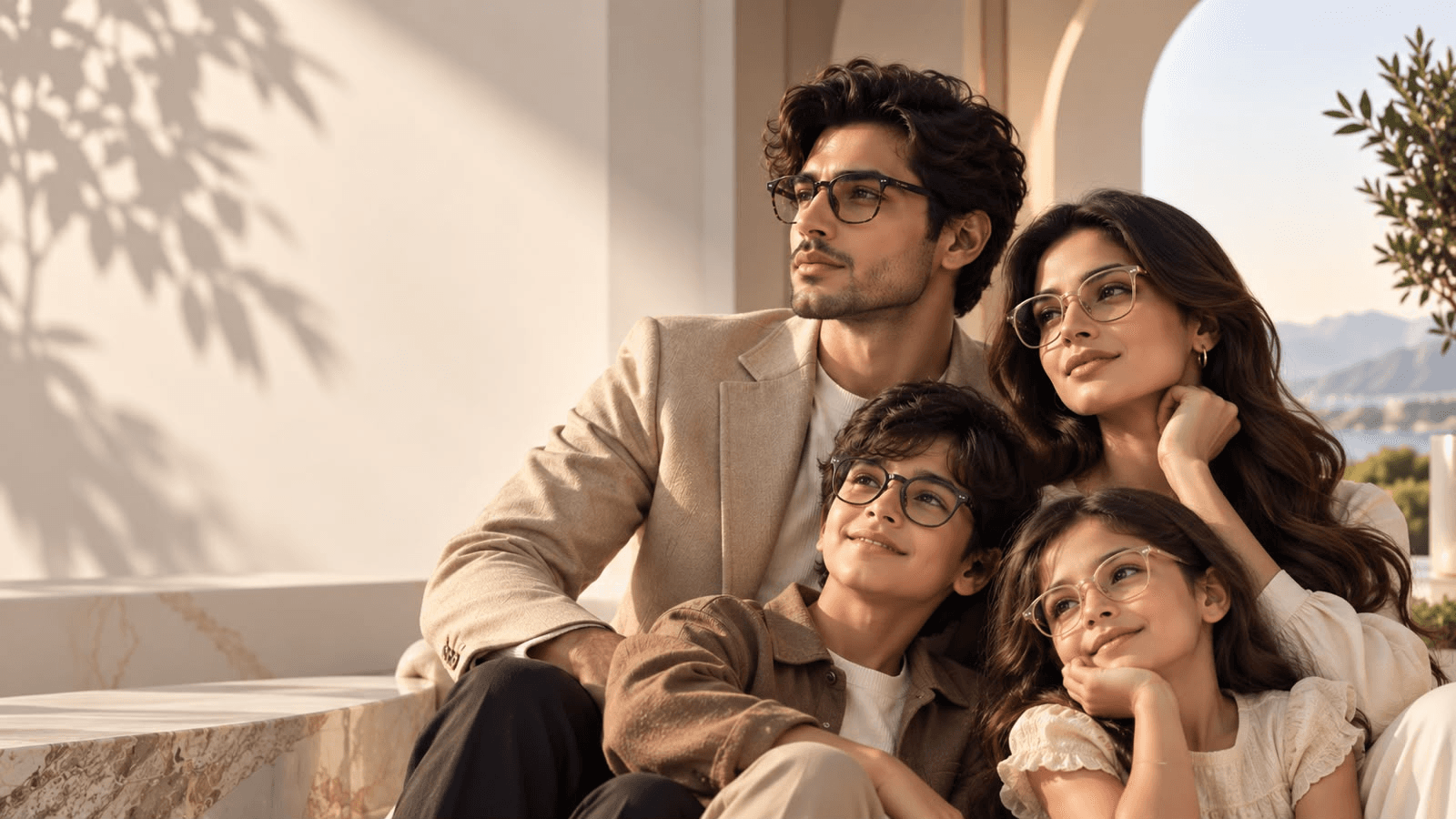 A family of four sitting together outdoors, each wearing Luminex glasses